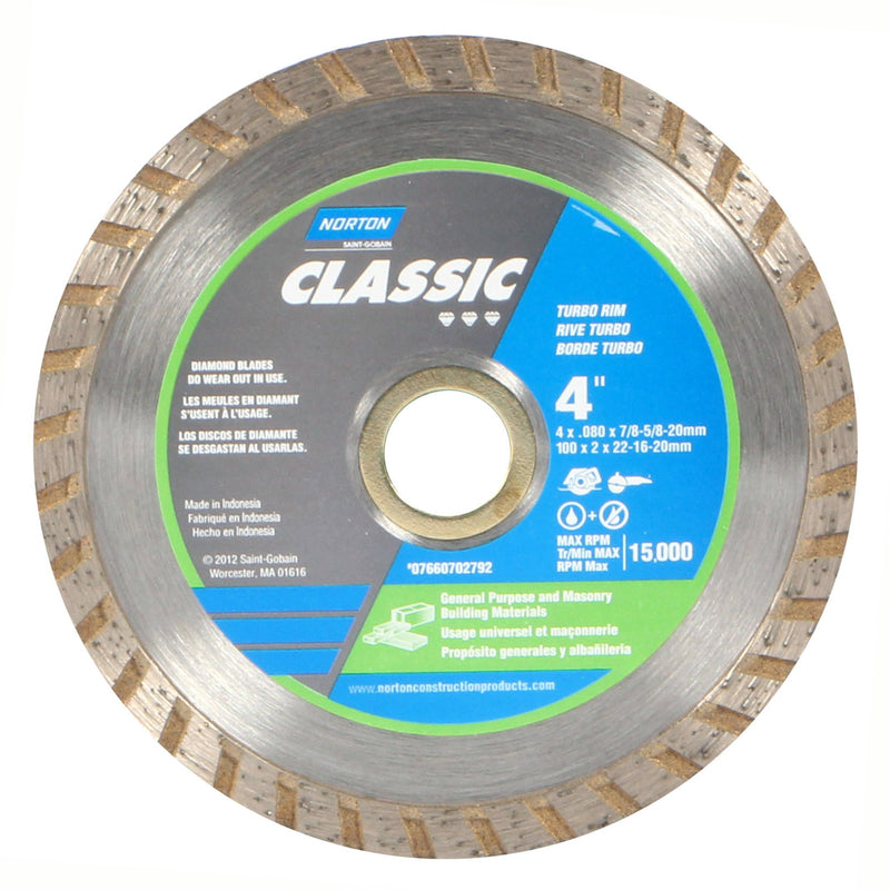 SAINT-GOBAIN ABRASIVES INC, Norton Clipper 4 in. D X 5/8 and 7/8 mm Diamond Turbo Rim Blade 1 pc