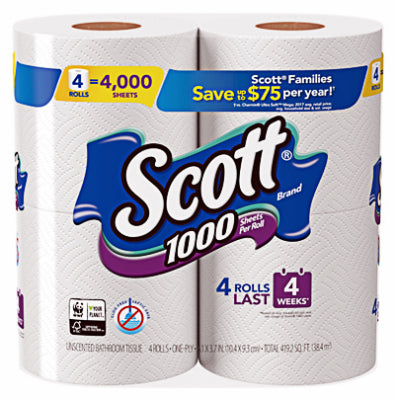 KIMBERLY-CLARK CORP, Scott Toilet Paper 4 roll 1000 sheet 4 in. (Pack of 12)